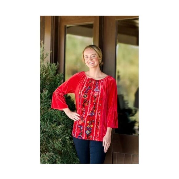 Red Velvet Floral Embroidered Blouse - Picture 3 of 9